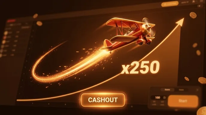 Aviator-achtige crashgame met een oplopende multipliercurve en cashout-knop op een display