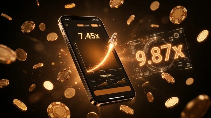 Smartphone met een casino-app en crashgame met oplopende multiplier en cashout-knop